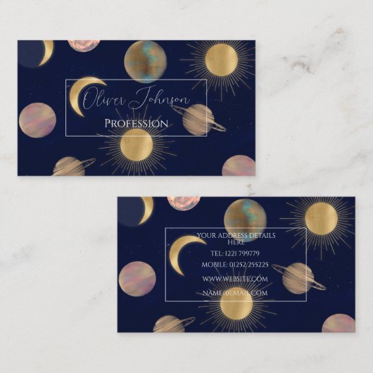 ブルー金ゴールドサンムーンプラデッツ宇宙イラストレーション 名刺 (正面/裏面)