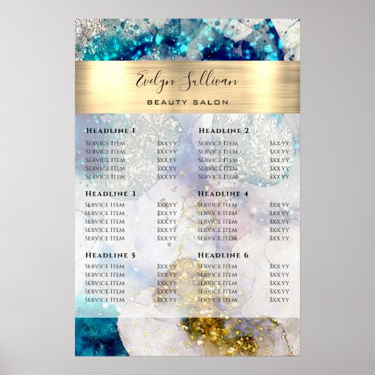 ブルー金ゴールドシルバーグリッター水色価格表 ポスター (正面)