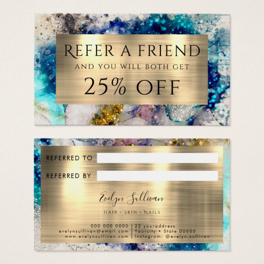 ブルー金ゴールドシルバーグリッター水色紹介カード (正面&裏面)