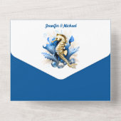 ブルー金ゴールドシーホースコーラルサマービーチテーマ オールインワン招待状 (裏面)