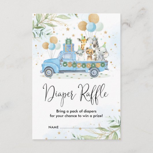 ブルー金ゴールドジャングルサファリアニマルズおむつラッフル エンクロージャーカード (正面)