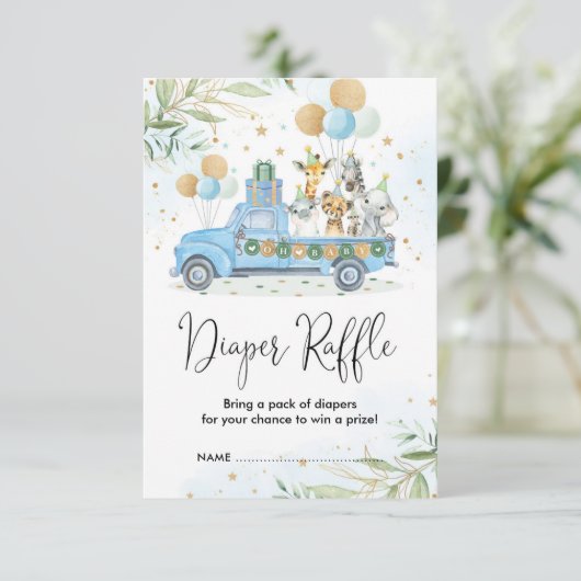 ブルー金ゴールドジャングルサファリアニマルズおむつラッフル エンクロージャーカード (スタンド正面)