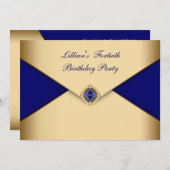 ブルー金ゴールドジュエルエレガント女性40歳の誕生日 招待状 (正面/裏面)