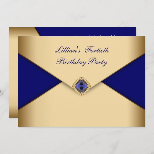 ブルー金ゴールドジュエルエレガント女性40歳の誕生日 招待状 (正面/裏面)