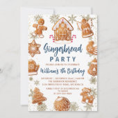 ブルー金ゴールドジンジャーブレッ飾ドクッキー誕生日 招待状 (正面)