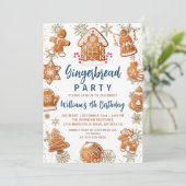 ブルー金ゴールドジンジャーブレッ飾ドクッキー誕生日 招待状 (スタンド正面)