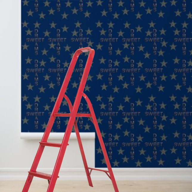 ブルー金ゴールドスタースウィートドリームパターンピールスティック 壁紙 (Blue Gold Stars Sweet Dreams Pattern Peel Stick Wallpaper)