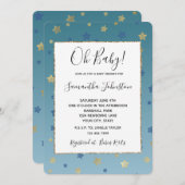 ブルー金ゴールドスターズアクアベビーシャワー 招待状 (正面/裏面)