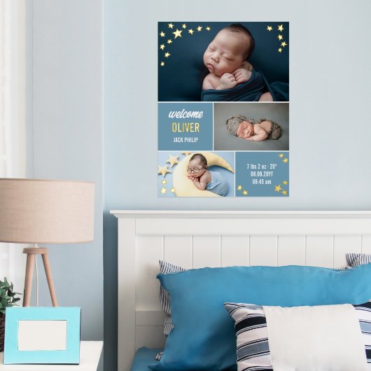 ブルー金ゴールドスターズウェルカム男の赤ちゃんフォトコラージュ 箔ポスター (インサイチュ (寝室))