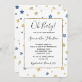 ブルー金ゴールドスターズホワイトベビーシャワー 招待状 (正面/裏面)