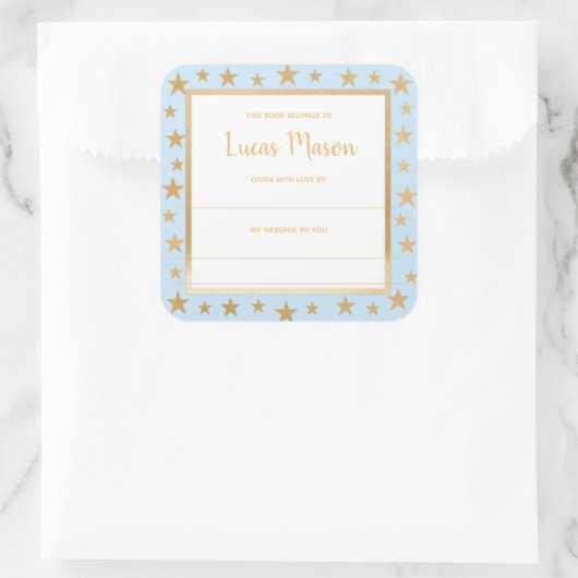 ブルー金ゴールドスターズ男の子の赤ちゃんシャワー蔵書票 スクエアシール (バッグ)