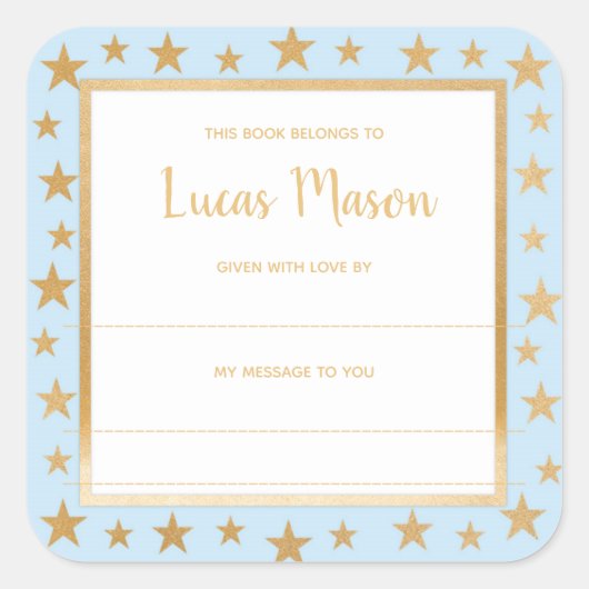 ブルー金ゴールドスターズ男の子の赤ちゃんシャワー蔵書票 スクエアシール (正面)