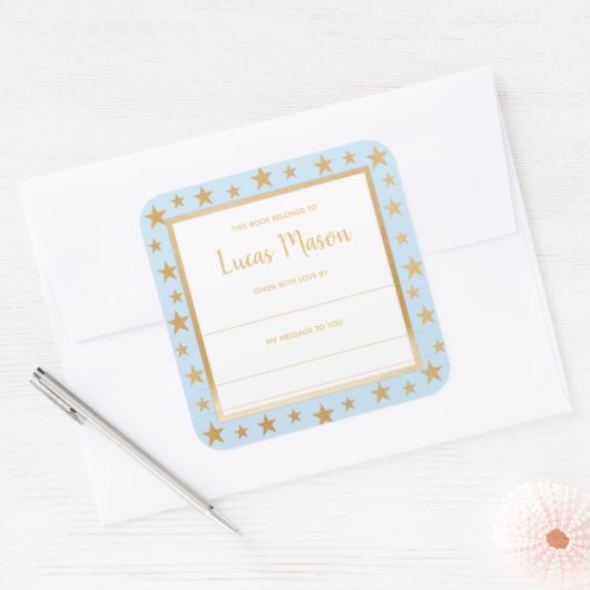 ブルー金ゴールドスターズ男の子の赤ちゃんシャワー蔵書票 スクエアシール (封筒)