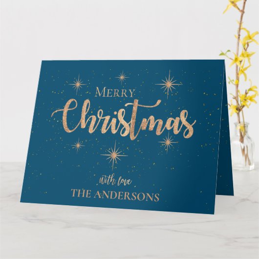 ブルー金ゴールドスタータイポグラフィ名メリークリスマス カード (黄色い花)