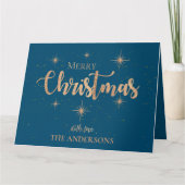 ブルー金ゴールドスタータイポグラフィ名メリークリスマス カード (正面)