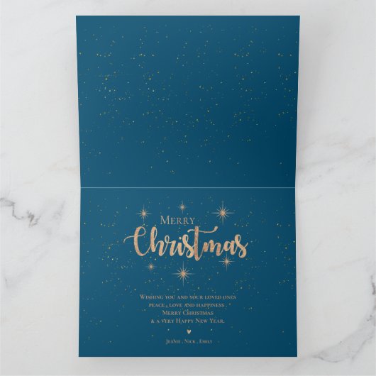 ブルー金ゴールドスタータイポグラフィ名メリークリスマス カード (内部)