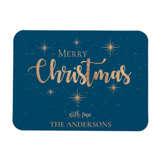 ブルー金ゴールドスタータイポグラフィ名メリークリスマス マグネット (横)