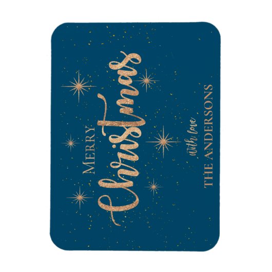 ブルー金ゴールドスタータイポグラフィ名メリークリスマス マグネット (縦)
