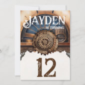 ブルー金ゴールドスチームパンク誕生日パーティー 招待状 (正面)