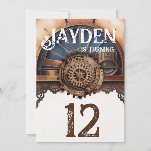 ブルー金ゴールドスチームパンク誕生日パーティー 招待状 (正面)