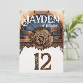 ブルー金ゴールドスチームパンク誕生日パーティー 招待状 (スタンド正面)