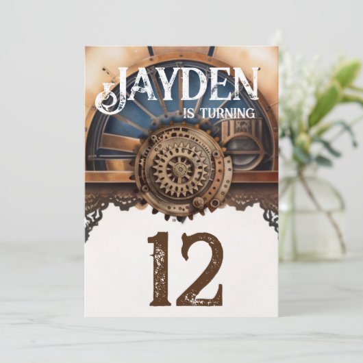 ブルー金ゴールドスチームパンク誕生日パーティー 招待状 (スタンド正面)