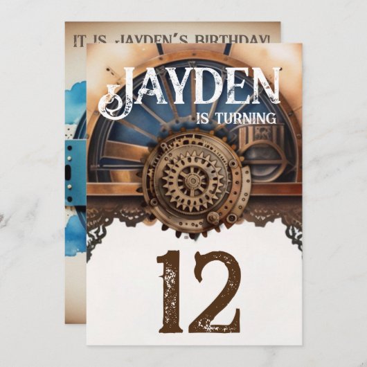 ブルー金ゴールドスチームパンク誕生日パーティー 招待状 (正面/裏面)