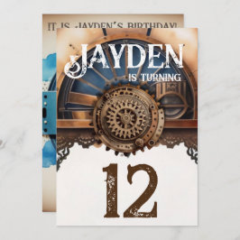 ブルー金ゴールドスチームパンク誕生日パーティー 招待状