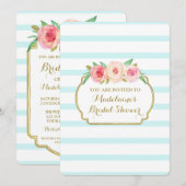 ブルー金ゴールドストライプピンクフローラブライダルシャワー 招待状 (正面/裏面)