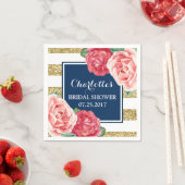 ブルー金ゴールドストライプピンク花ブライダルシャワー スタンダードカクテルナプキン (インサイチュ)