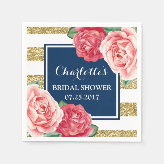 ブルー金ゴールドストライプピンク花ブライダルシャワー スタンダードカクテルナプキン (正面)
