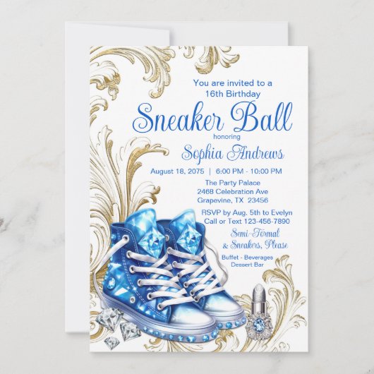 ブルー金ゴールドスニーカーボール誕生日パーティーへの招待 招待状 (正面)