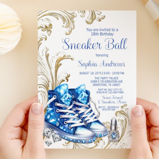 ブルー金ゴールドスニーカーボール誕生日パーティーへの招待 招待状
