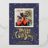 ブルー金ゴールドスノーフレークスメリークリスマス 箔シーズンカード (正面)