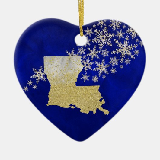 ブルー金ゴールドスノーフレークルイジアナハート セラミックオーナメント (正面)