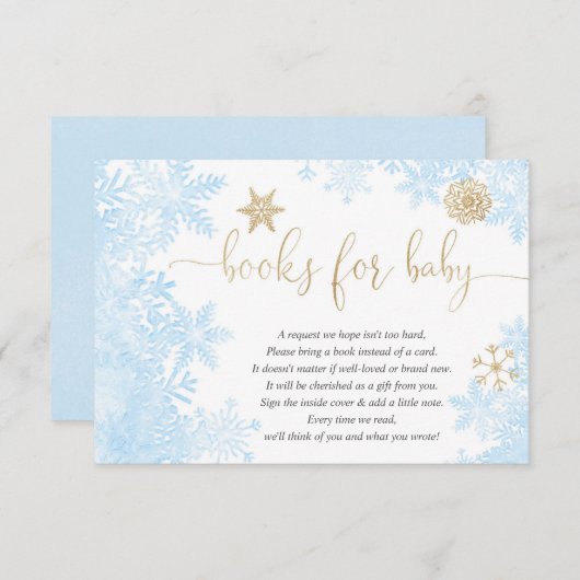 ブルー金ゴールドスノーフレーク男の子のシャワー本のリクエストe エンクロージャーカード (正面/裏面)