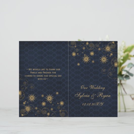 ブルー金ゴールドスノーフレーク結婚式のプログラムを折り畳んだ (スタンド正面)