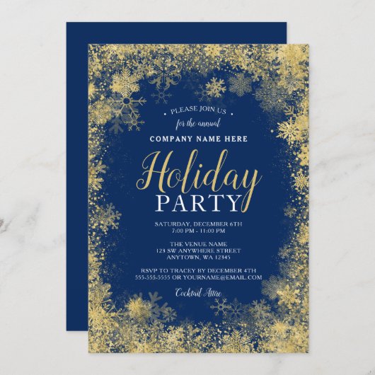 ブルー金ゴールドスノーフレー企業のクホリデーパーティー 招待状 (正面/裏面)