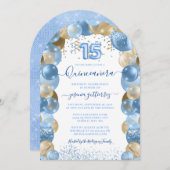 ブルー金ゴールドスパークルクインセアニラバルーン招待状 招待状 (正面/裏面)