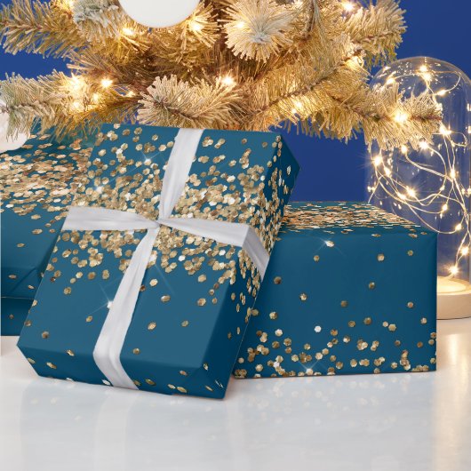 ブルー金ゴールドスパークルグリッター ラッピングペーパー (クリスマス)