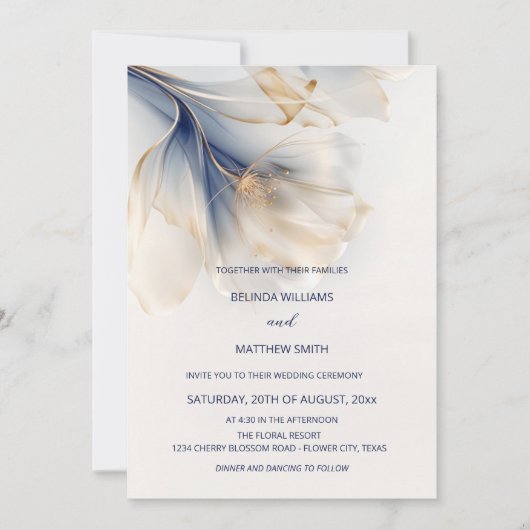 ブルー金ゴールドスモークウォーター結婚カラー花 招待状 (正面)