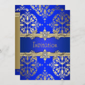 ブルー金ゴールドダマスク王室のブルーパーティー発表 招待状 (正面/裏面)