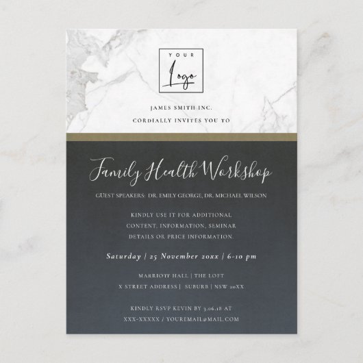 ブルー金ゴールドダリアフローラワークショップトークイベント招待状 ポストカード (正面)