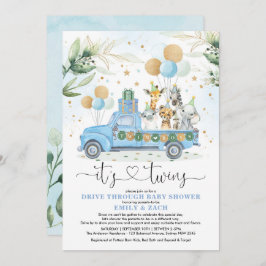 ブルー金ゴールドツインボーイズのジャングルドライブスルーベビーシャワー 招待状