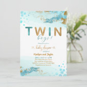 ブルー金ゴールドツインボーイ赤ちゃんシャワー招待状 招待状 (スタンド正面)