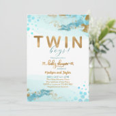 ブルー金ゴールドツインボーイ赤ちゃんシャワー招待状 招待状 (スタンド正面)