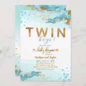 ブルー金ゴールドツインボーイ赤ちゃんシャワー招待状 招待状 (正面/裏面)