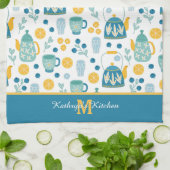 ブルー金ゴールドティータイムパターンモノグラム キッチンタオル (折り畳み)