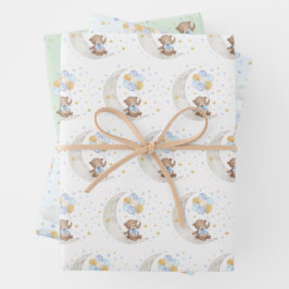 ブルー金ゴールドテディベアバルーンムーンスターズパーティー ラッピングペーパーシート