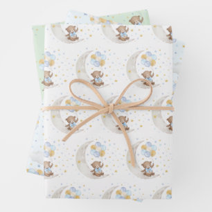 ブルー金ゴールドテディベアバルーンムーンスターズパーティー ラッピングペーパーシート